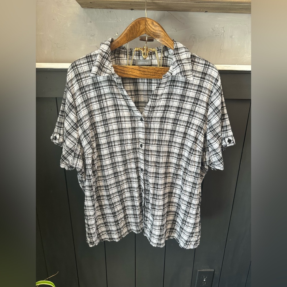Essentials Plus Size Black and White Plaid Button-Up Shirt 3X‎ Cotton Spandex